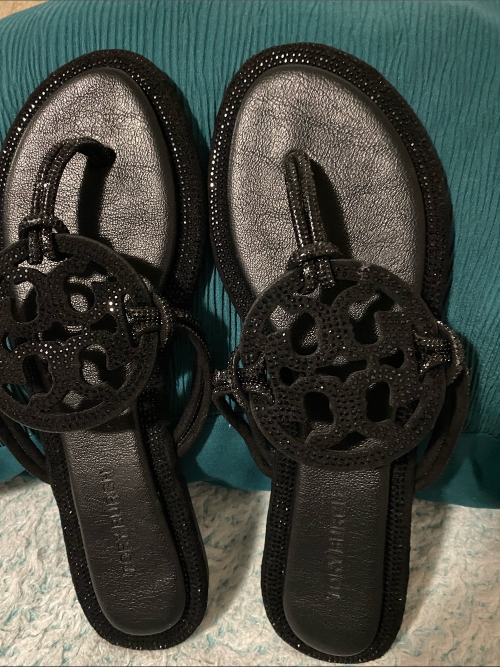Tory Burch Black Crystal Logo Thong Sandals
